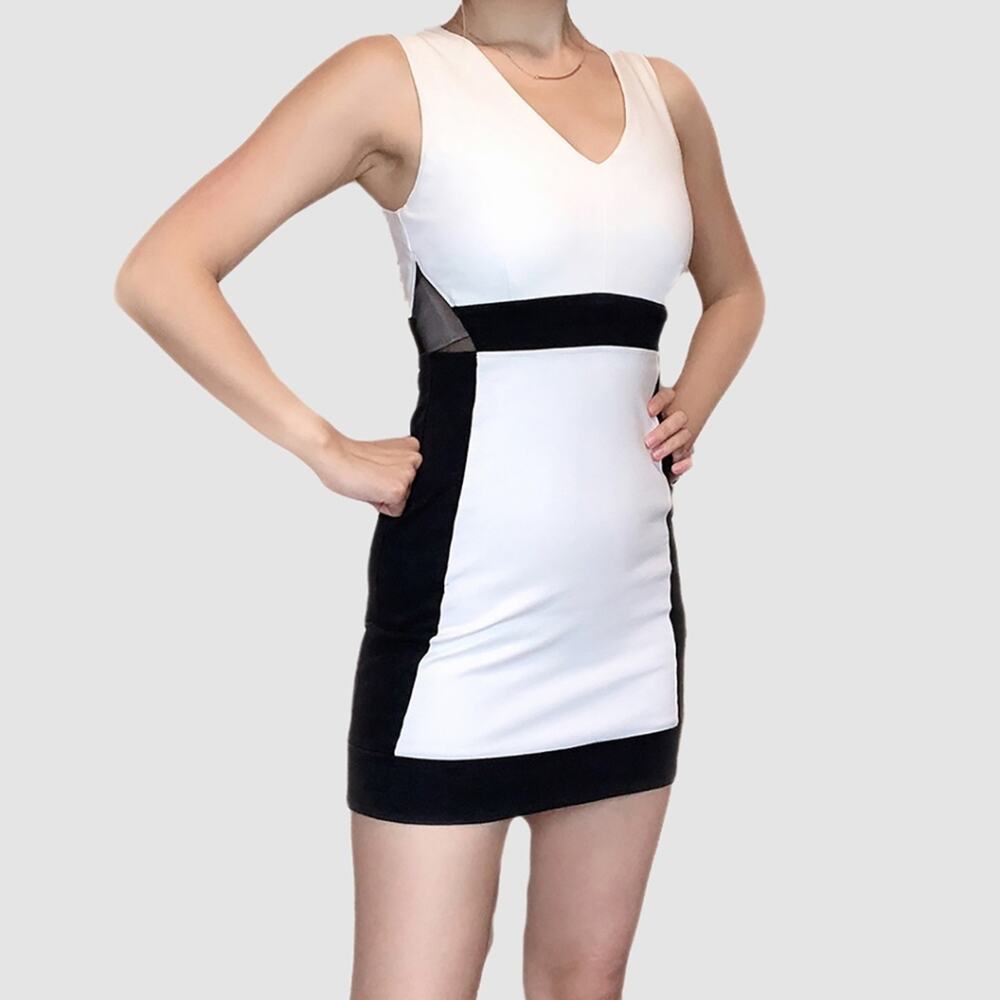 NEIMAN MARCUS White Black Colorblock Mesh Cutout Bodycon Mini Dress NWT XS